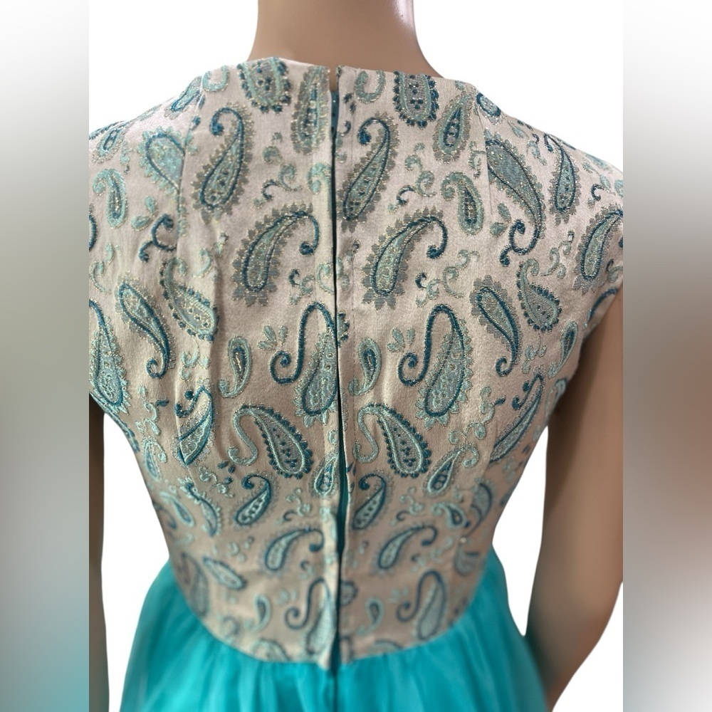True vintage 1960s handmade Aqua brocade Paisley hostess dress – medium - Picture 5 of 8
